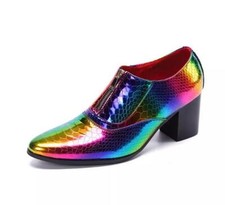 Mens Pointy Toe Mid Block Heel Multicolor Real Leather Slip On Dress Shoes 2025