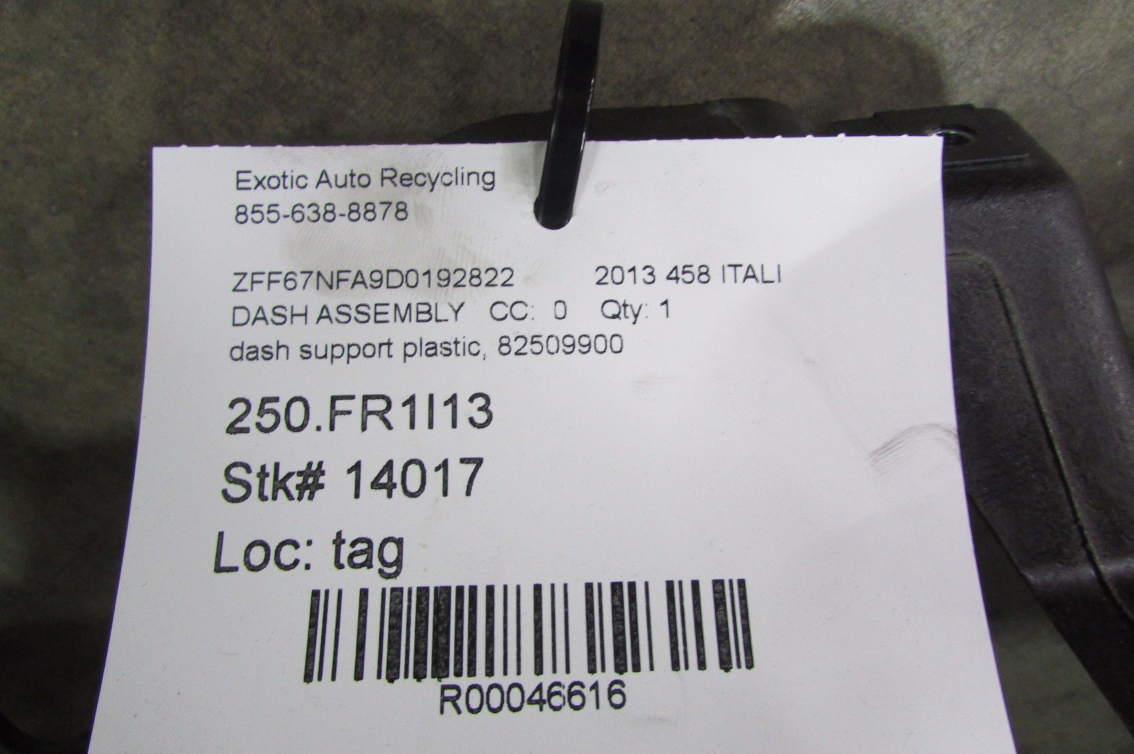 Ferrari 458 Italia Front Lower Dash Plastic Support, Used, P/N 82509900