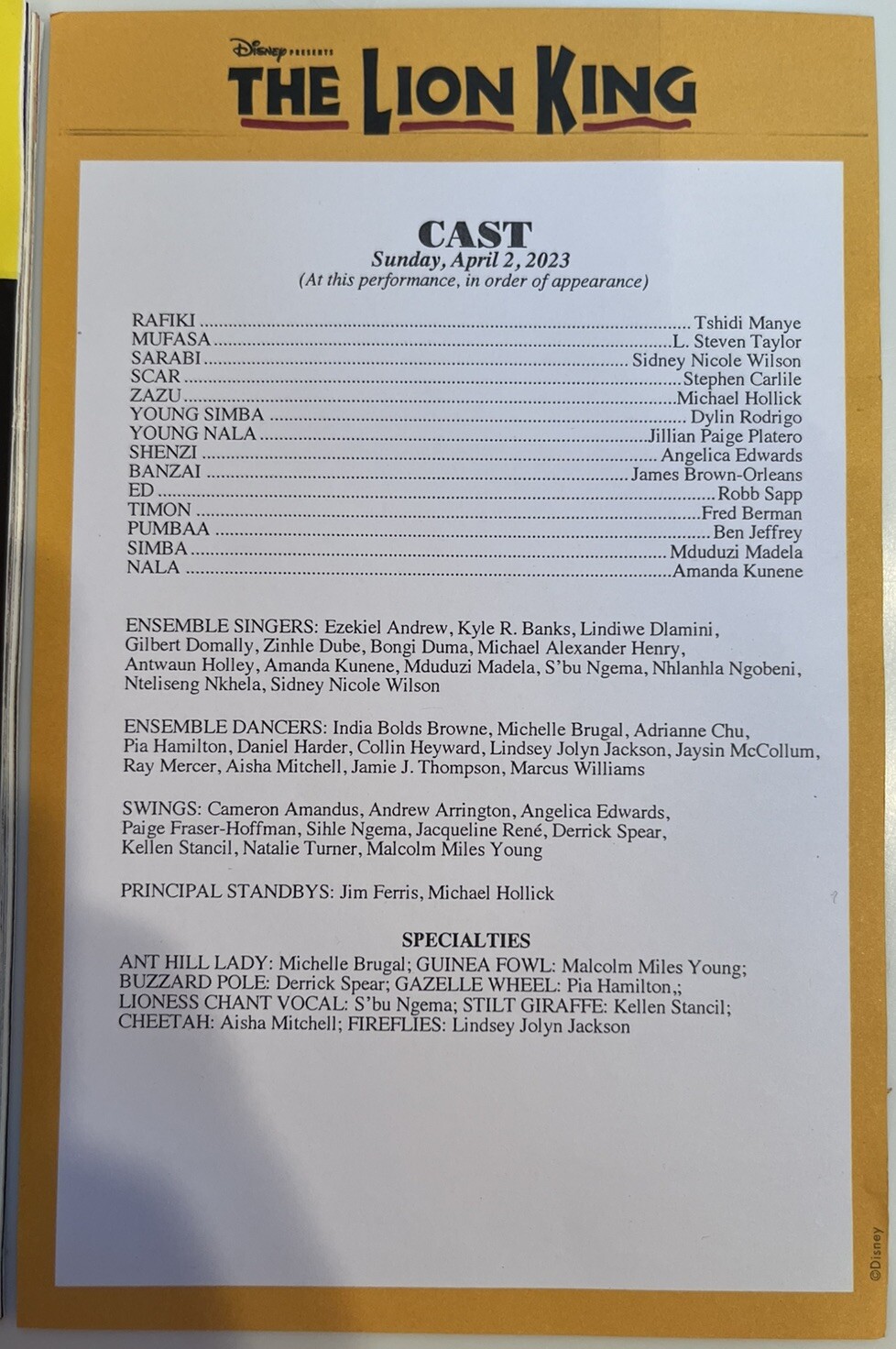 THE LION KING PLAYBILL APRIL 2023 DISNEY MINSKOFF THEATRE WITH INSERTS ...