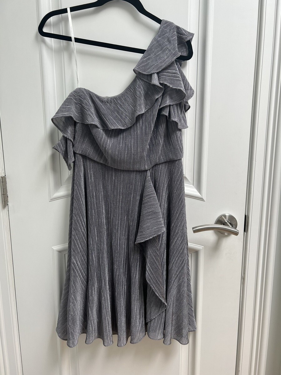 Calvin Klein one shoulder Silver Ruffled dress Size
