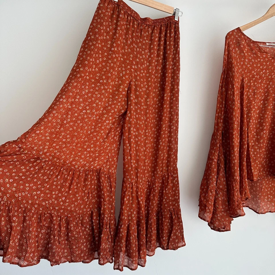 Mes Demoiselles Matching Set 38 40 Rustic Silk Boho Flowy Blouse Wide Leg Pants Foto 3 de 4