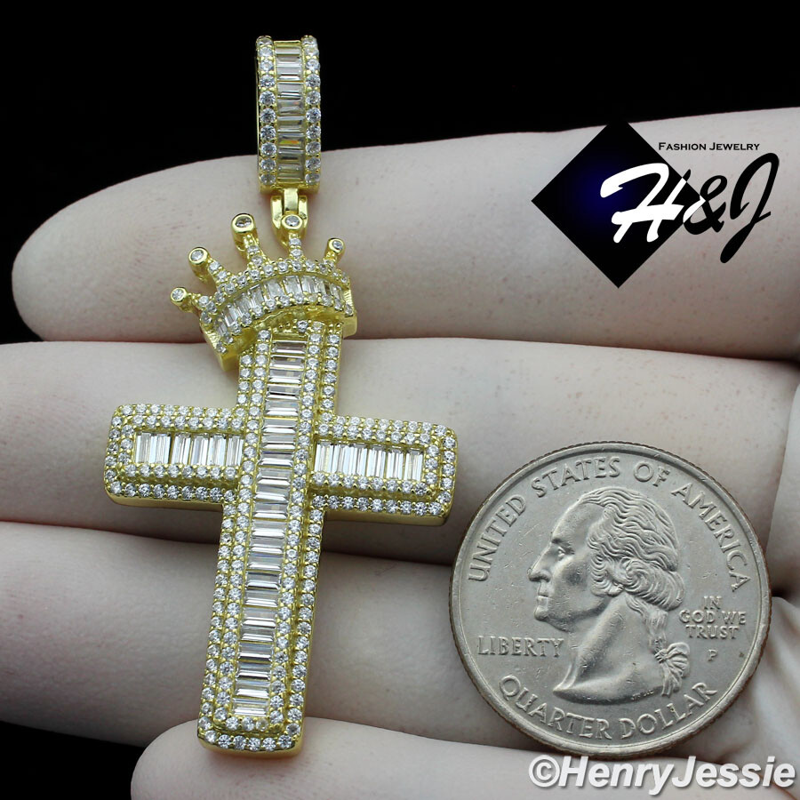 925 STERLING SILVER ICY BLING CUBIC ZIRCONIA GOLD PLATED CROWN CROSS PENDANT*287
