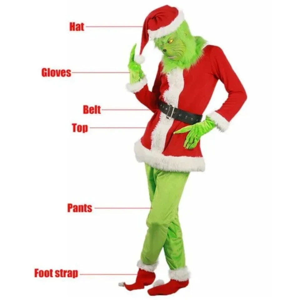 Disfraz de Grinch de Navidad para hombre Traje de Grinch Traje de Santa Grinch 7 piezas Disfraz - EE. UU. Foto 4 de 4