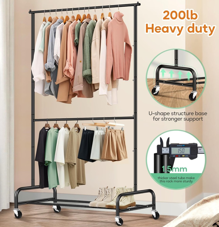 Double Rod Heavy Duty Clothes Racks for With Wheels, Metal Rolling ...