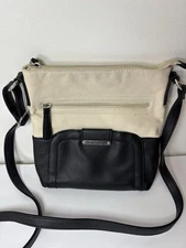 STONE MOUNTAIN Handbag Leather Crossbody Ivory/Black Side Pockets