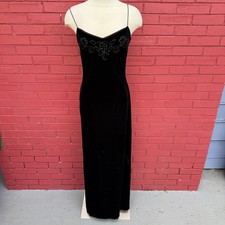Vtg Dave Johnny Black Velvet Beaded Spaghetti Strap Maxi Dress Size 7/8 Party