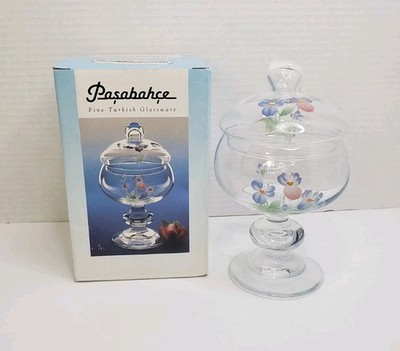 Vintage Pasabahce Hand-Painted Floral Glass Candy Dish with Lid - New In Box