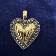 Vintage: JJ Gold Tone Heart Pendant Outlined with 30 Small Marcasite Chips