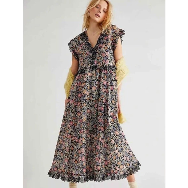 Free People Milania Flowy Midi Dress in Confetti Combo Size Small