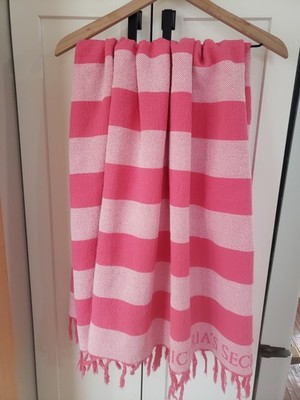 Victorias Secret Pink Striped Fringe Tassel Throw Blanket Beach Towel Cotton