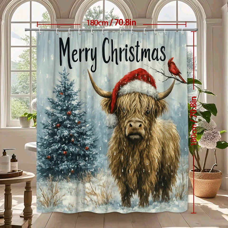 Cortina de ducha Feliz Navidad con vaca Highland y árbol nevado Foto 3 de 4