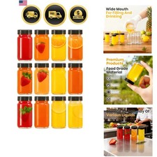 12 Pack 2 oz Glass Shot Mini Bottles with Black Lids - Reusable Leakage-Proof...