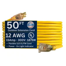 USW 12/3 50 Ft. Yellow Heavy-Duty Extension Cord with Lighted Plug NEW
