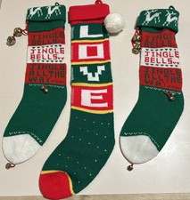 VINTAGE KNIT CHRISTMAS STOCKINGS Lot Of 3 Jingle Bells and Love with Pom Pom