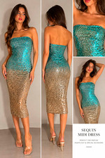 Womens Size S Turquoise Gold Sequin Colorblock Strapless Bodycon Midi Dress
