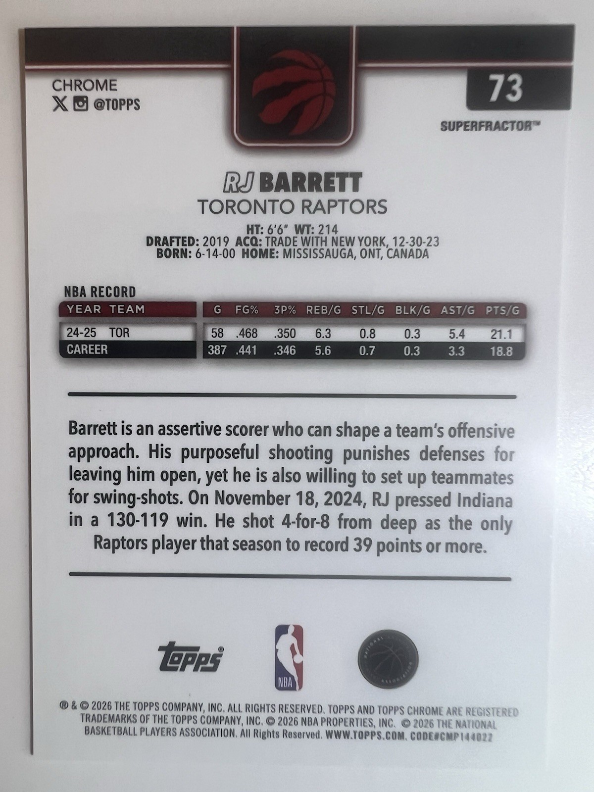 2025-26 Topps Chrome Update- RJ Barrett #73 Superfractor 1/1 Rare!! view 2
