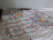 New Beach Canvas Tote Bag Rope Handle With Matching Swim Suit Case Pink Flamingo