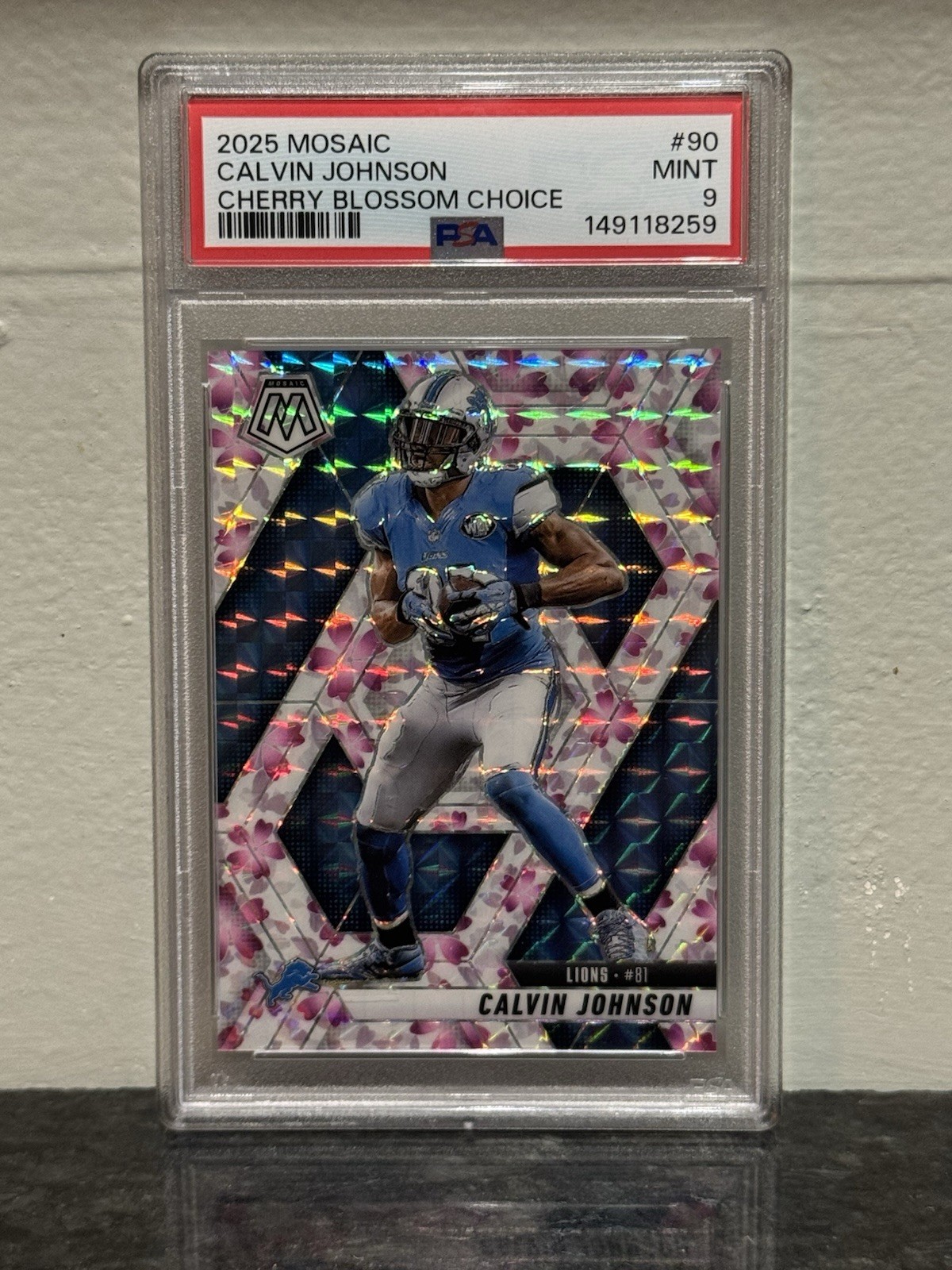 CALVIN JOHNSON 2025 PANINI MOSAIC #90 CHERRY BLOSSOM CHOICE /20 PSA 9