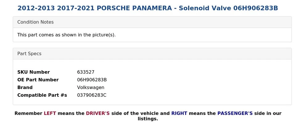 2012-2013 2017-2021 PORSCHE PANAMERA - Solenoid Valve 06H906283B - Image 4 of 4