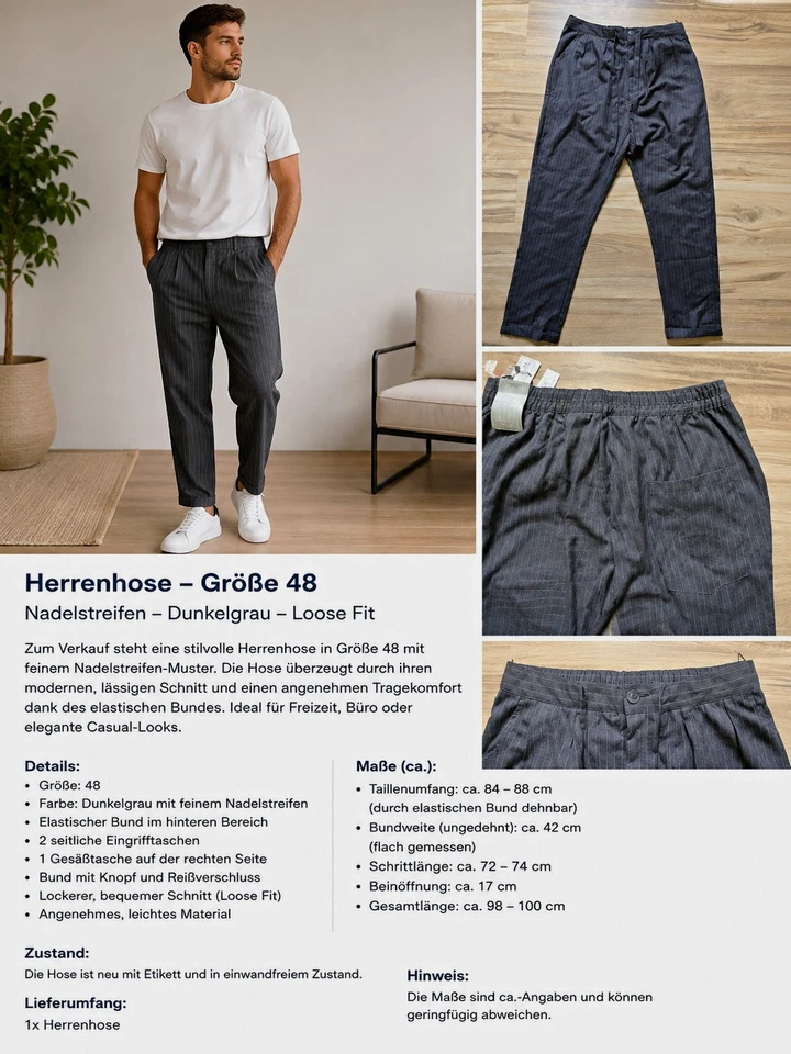 Piazza Italia Herren Jogger Hose Dunkelgrau Nadelstreifen Loose Fit Gr.48 L72-74 - Bild 1 von 4