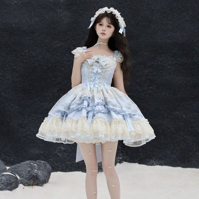 Japanese Women Lolita Bow Ruffle Jsk Suspender Three Layers Kawaii Sweet Dress