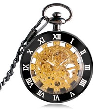 Golden Skeleton Dial Roman Numerals Manual Mechanical Pocket Watch FOB Pendant