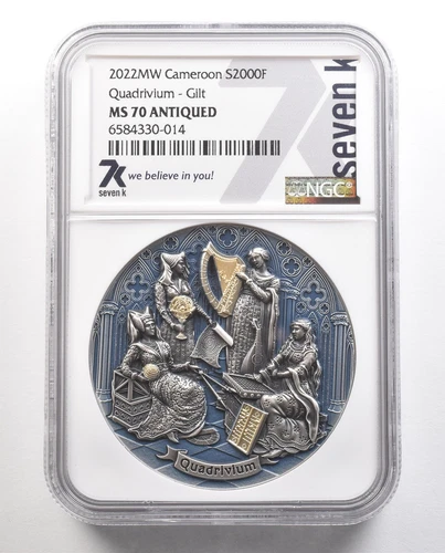 2022 MW Cameroon 2000 Francs Silver Quadrivium Gilt MS70 Antiqued NGC *6505