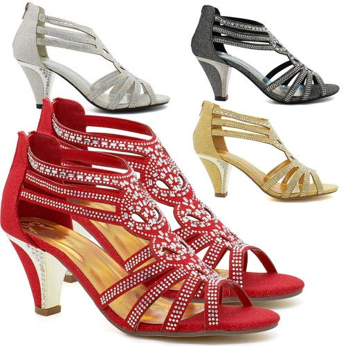 New Womens Diamante Low Kitten Heel Sandals Ladies Bridal Wedding Shoes Party UK