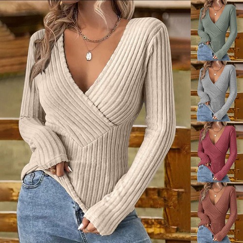 Neu Damen V-Ausschnitt Pullover Pulli Oberteil lässig locker Langarm Arbeit Party Tops - Bild 2 von 29