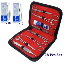 28x Minor Surgery Kit Surgical Instruments Forceps Needle Holder Scissors Blades