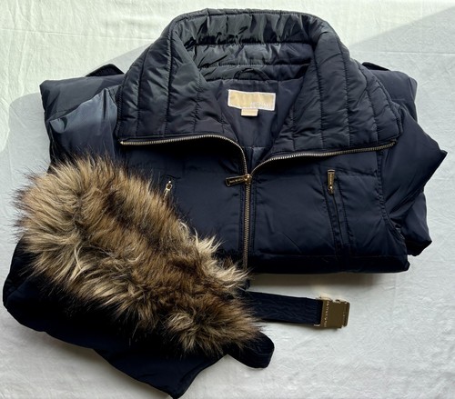 Michael Kors Navy Womans Small Down Puffer Coat Belted Parka Faux Fur Trim Hood - Picture 13 of 24