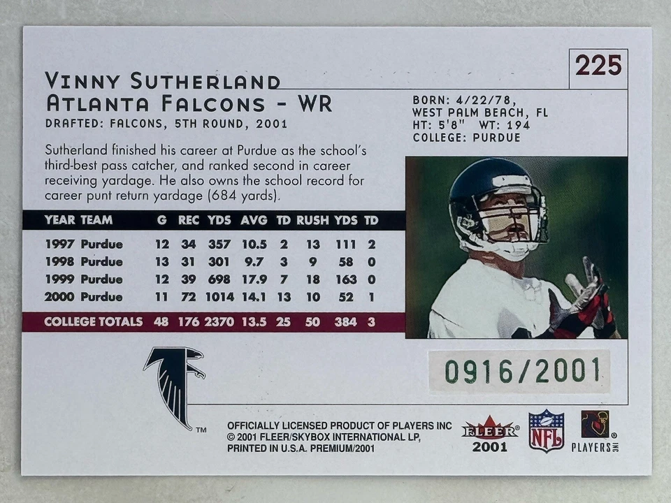 Vinny Sutherland 2001 Fleer Premium RC /2001 #225 Sports NFL 49ers Rookie Card - Image 2 of 2