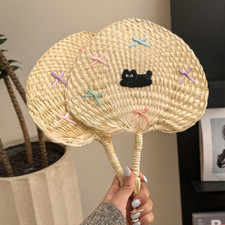 1X Retro Cute Cat Cattail Leaf Fan Small Hand Fans Hand-woven Bow cute Gift New