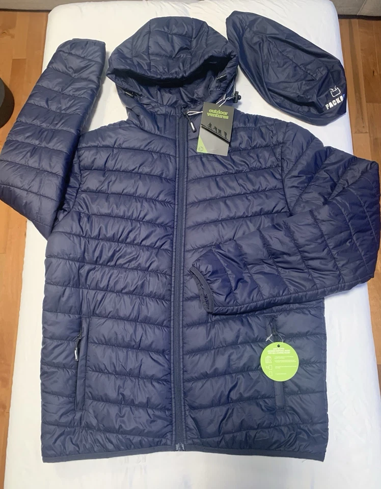 Outdoor Ventures Mens Navy Lightweight Hooded Packable Puffer Jacket NEW Size M - Image 2 of 4