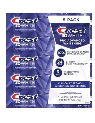 Crest 3D White Pro Advanced Whitening Toothpaste 5 Pack Fluoride Anticavity 5.2o