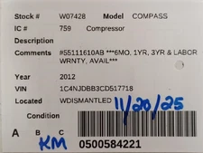 AC Compressor Classic Style Vertical Rear Door Handle Fits 08-17 COMPASS 2179293