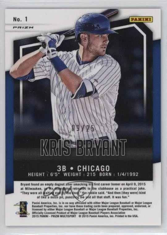 2015-16 Panini Prizm Multi-Sport Silver Prizm /25 Kris Bryant #1 Rookie RC - Image 2 of 2