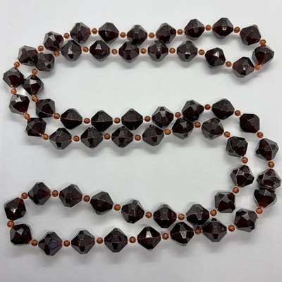 Vtg Cherry Cognac Brown Lucite Faceted Bead Statement 42  Necklace Long Retro