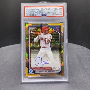 CHRISTIAN MOORE 1ST 2024 BOWMAN DRAFT SAPPHIRE EDITION AUTO GOLD /50 PSA 10