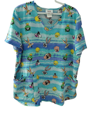 Looney Tunes Tie Dye Scrubstar Tweety Taz Marvin Medical Scrub Top Women's XL