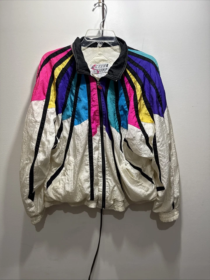 Chaqueta cortavientos Active Stuff de colección para mujer XL blanca arco iris cremallera completa años 80 90 Foto 2 de 4