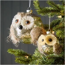 West Elm Mercury Glass Ball Owl Christmas Holiday Ornament Feathers Sparkle