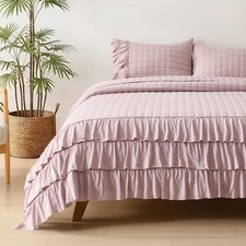 Dusty Pink Ruffled Quilt Set Queen Size Classic Geometric Square Stitched