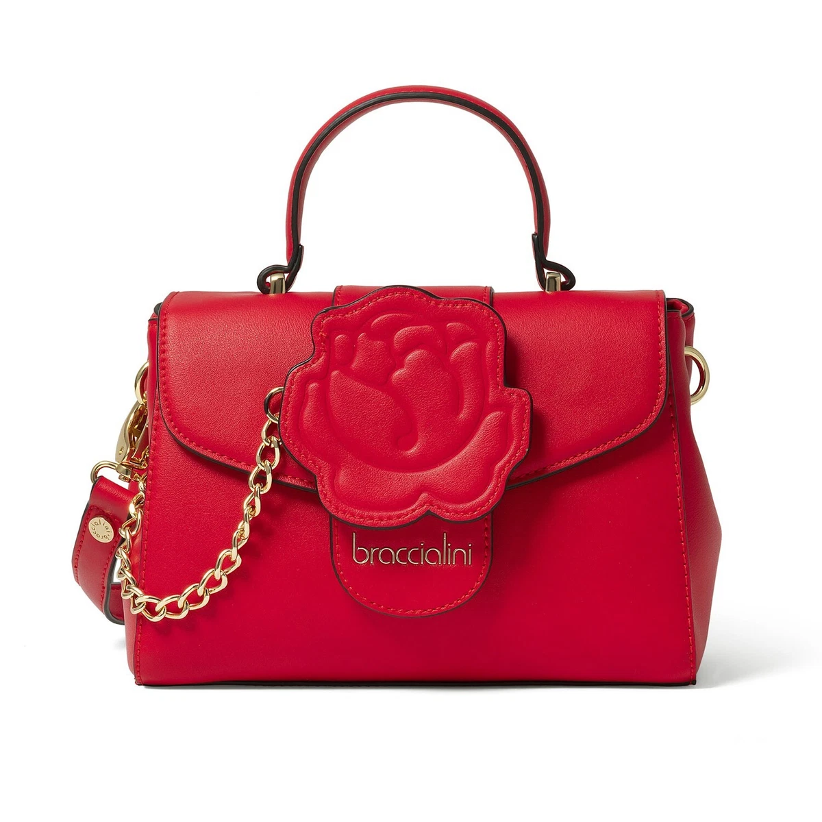 Braccialini designer small red crossbody flap bag with rose shape mirror pendant