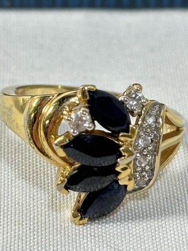 Birthstone Ring March Aquamarine Blue And Clear Zirconia On Gold Tone - Bild 11 von 16