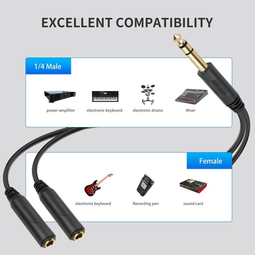 6.35mm 1/4 inch Male Plug Stereo to 2 Dual 1/4 "TRS Female Jack Connector Aud... - Picture 4 of 8