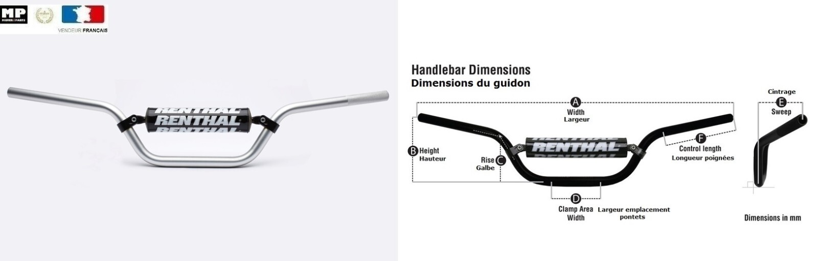 Guidon Renthal Classic Argent Yamaha YFM 250 Raptor 2008 2009 2010 2011 2012