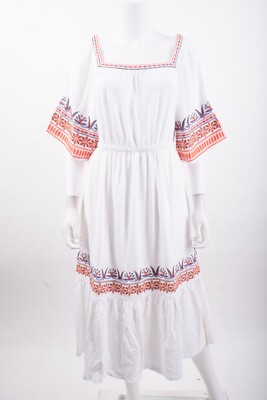Boden Womens Jersey Embroidered Midi Dress UK 16 US 12 White Boho D0263 NWT