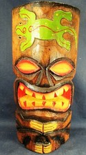Tiki Mask Hand Carved Wood w/Gecko Hanging Wall Decor