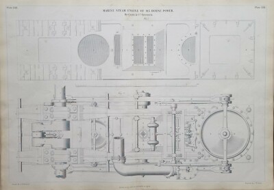 1847 Engineering Druck Marine Dampfmotor 145 Pferdestärken Caird & Co Greenock